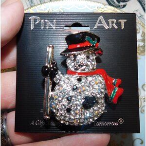 Vintage Pin Art Spoontiques Rhinestone Snowman Brooch